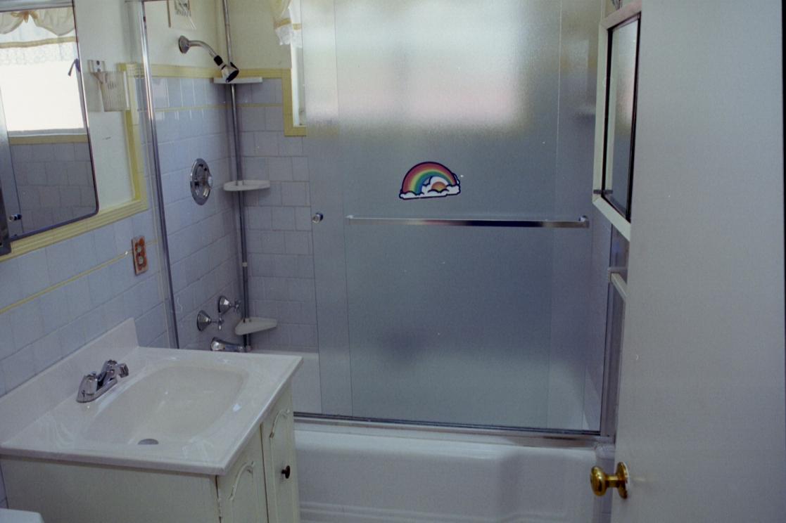 Shower door with rainbow sticker, soap holder thing, three medicine cabinets (two on left, one on right), cabinet sink