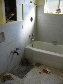 cabinet sink gone, medicine cabints removed, shower door removed, curtains gone, toilet moved to master bathroom