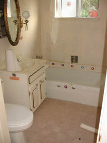 low-flush toilet moved from hall bathroom to here, shelf over tub gone